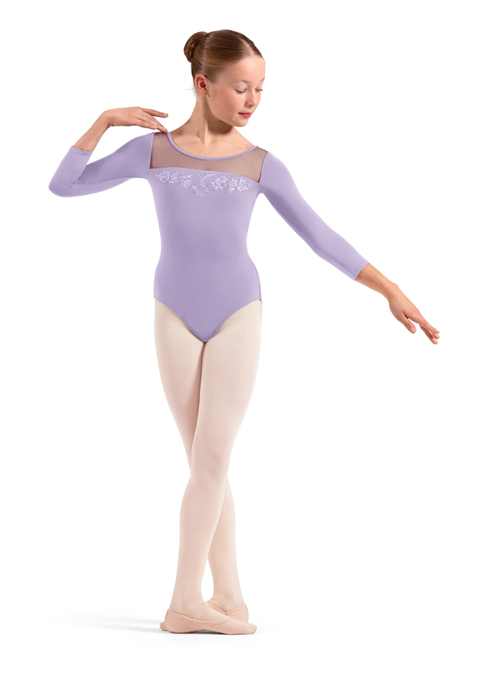 BLOCH FLORAL EMB BACK MESH 3/4 SLEEVE LEOTARD