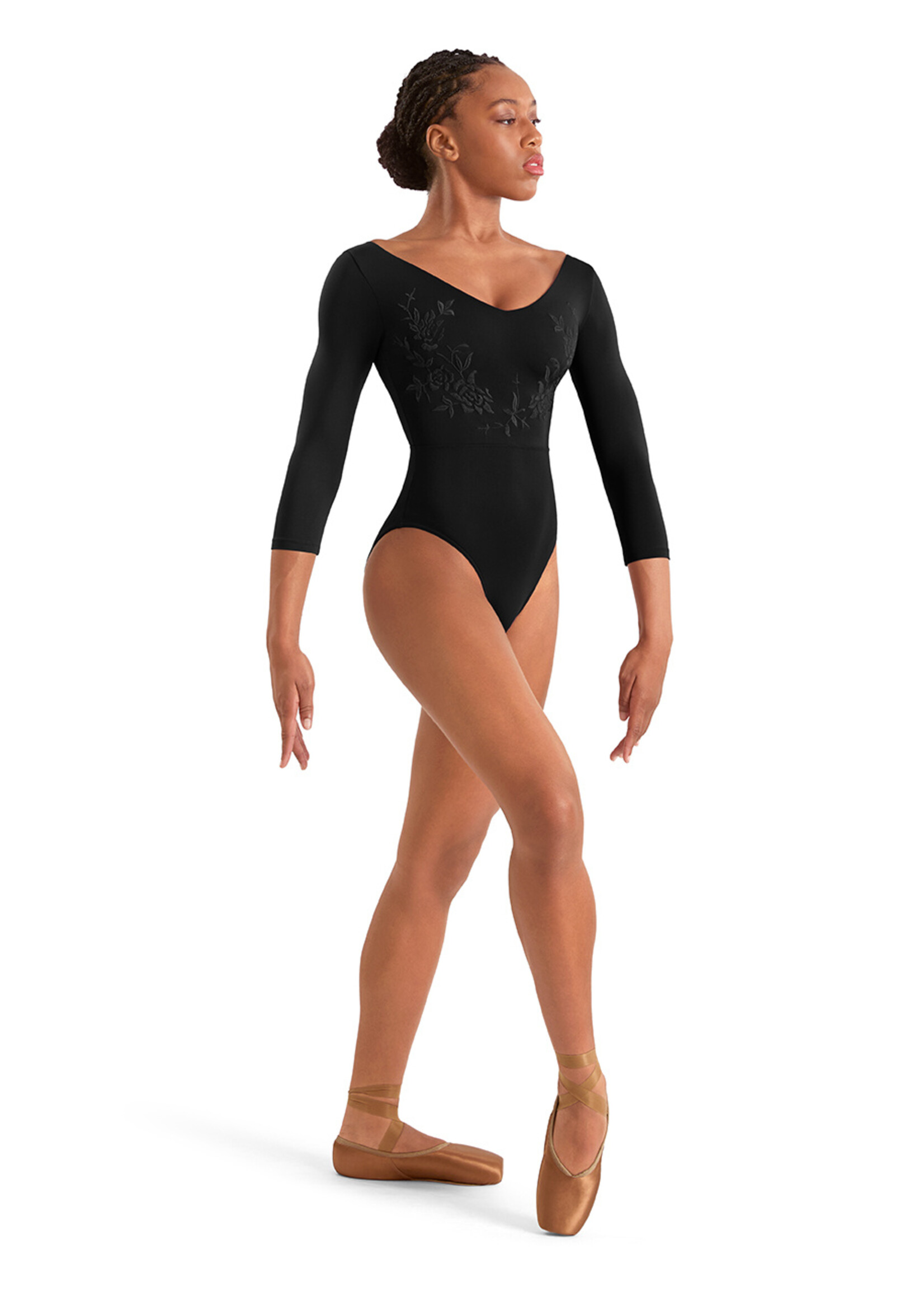 BLOCH V NECKLINE EMB 3/4 SLEEVE LEOTARD
