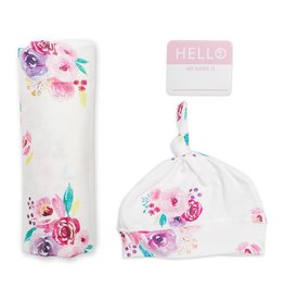Lulujo Lulujo Hello World Swaddle Blanket & Knotted Hat Set - Posies