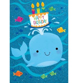Peaceable Kingdom Whale With Cake Glitter Birthday Card