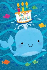 Peaceable Kingdom Whale With Cake Glitter Birthday Card