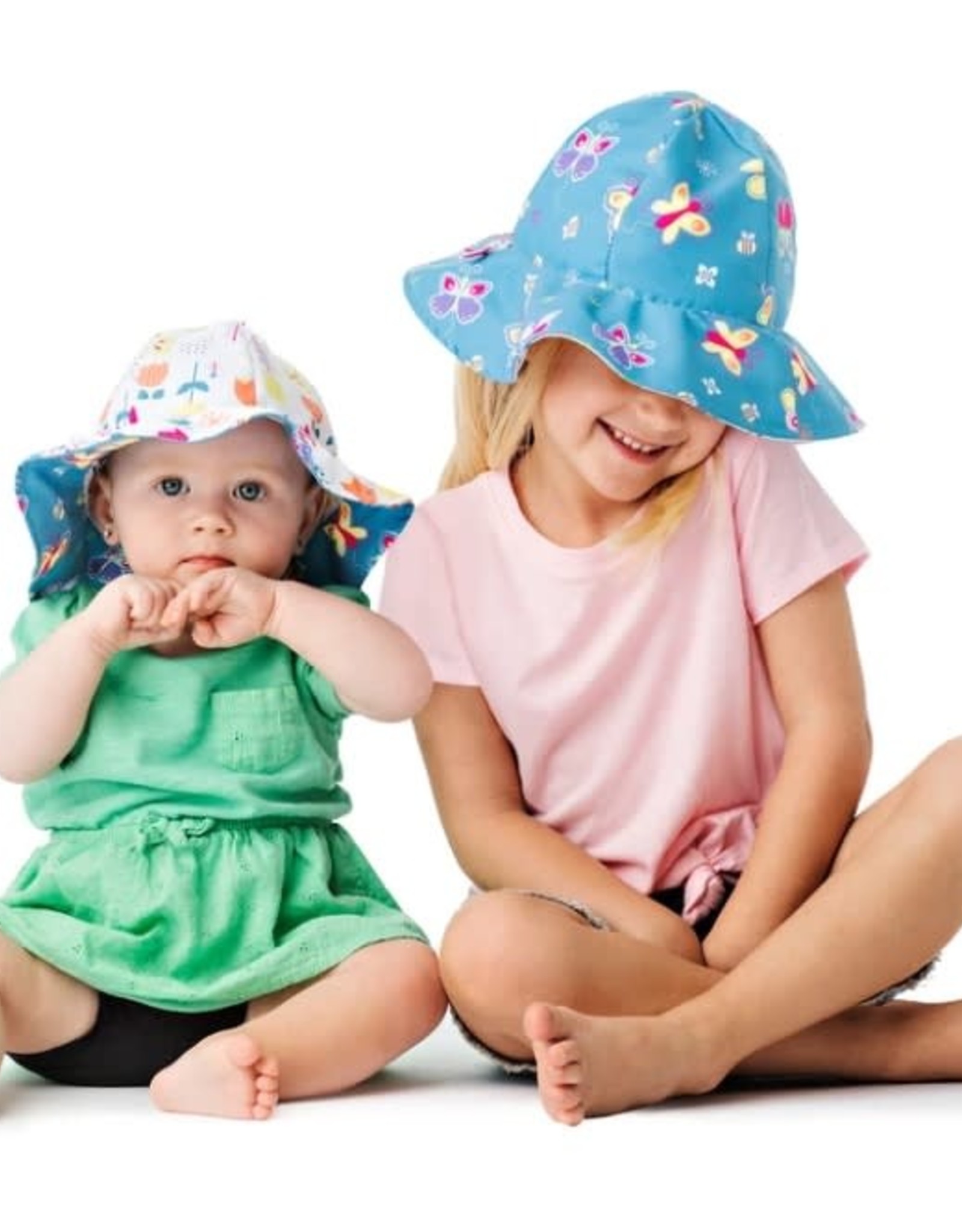 FlapJackKids Kids Reversible Sun Hat - Butterfly/Floral - Small (Age 6 months - 2 years)
