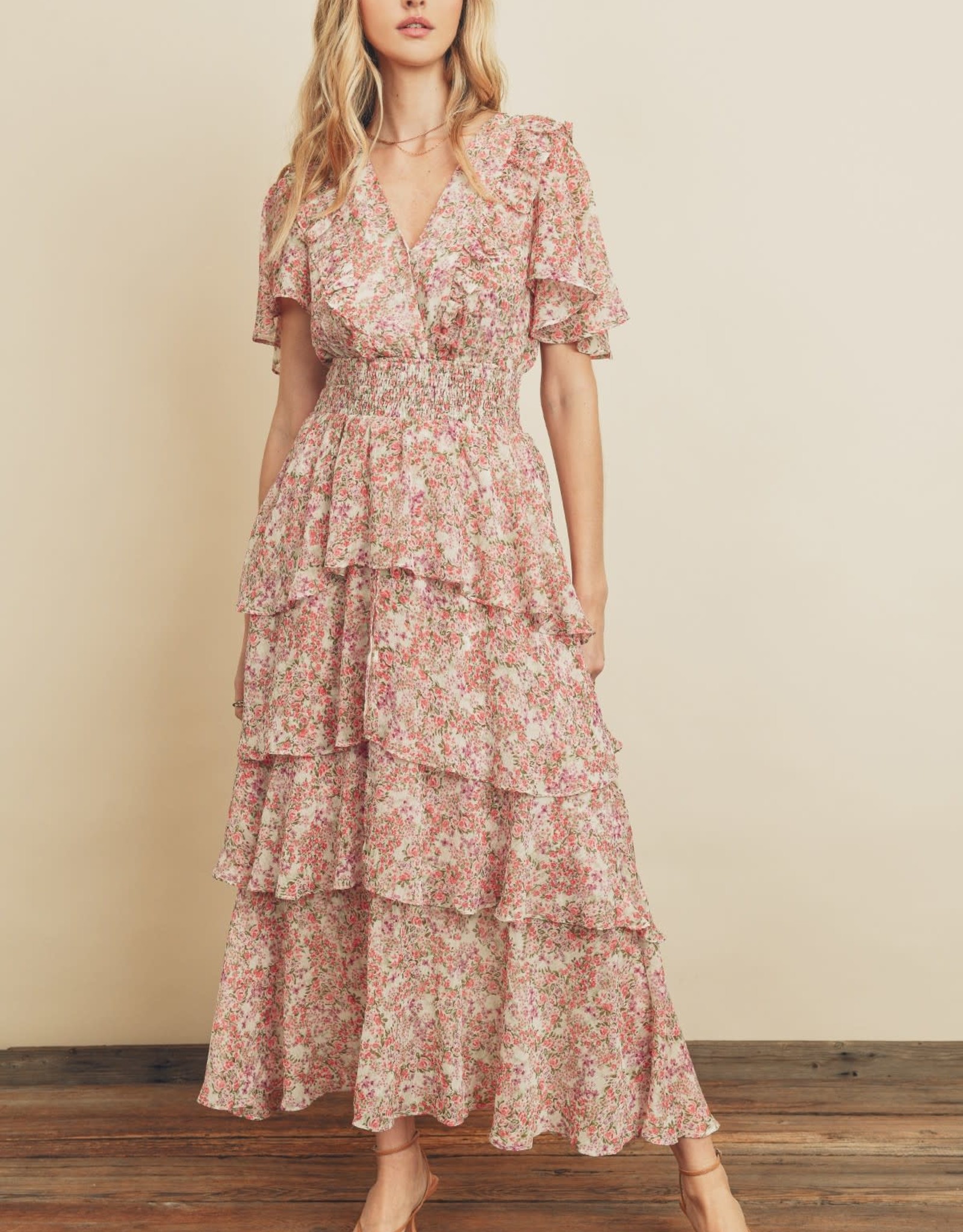 Miss Bliss Tiered Floral Ruffle V Neck Maxi Dress- Ivory