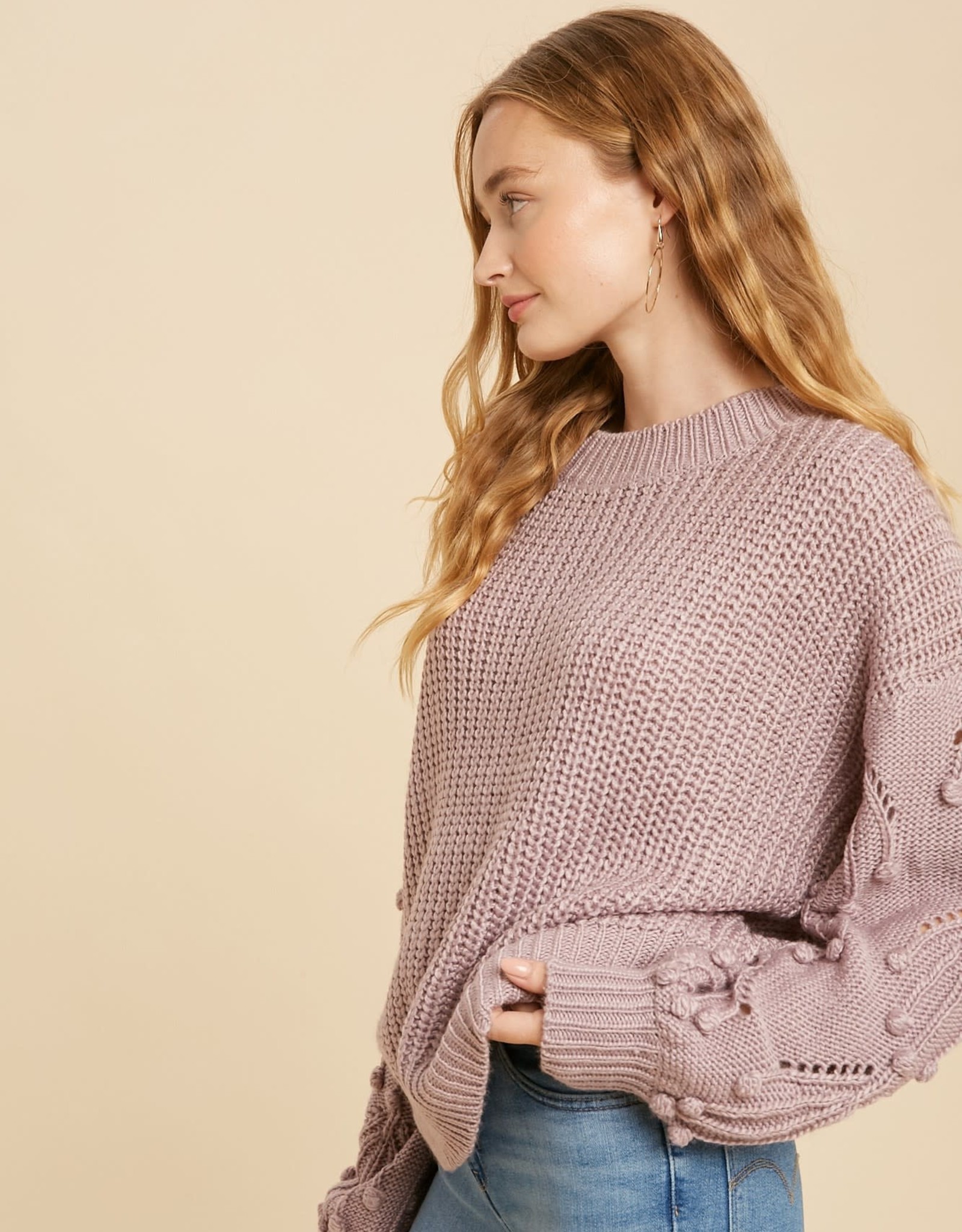 Miss Bliss Knit Sweater With Pom Detail- Dusty Lavender