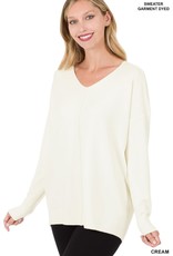 Miss Bliss Hi Low V Neck Front Seam Sweater- Cream