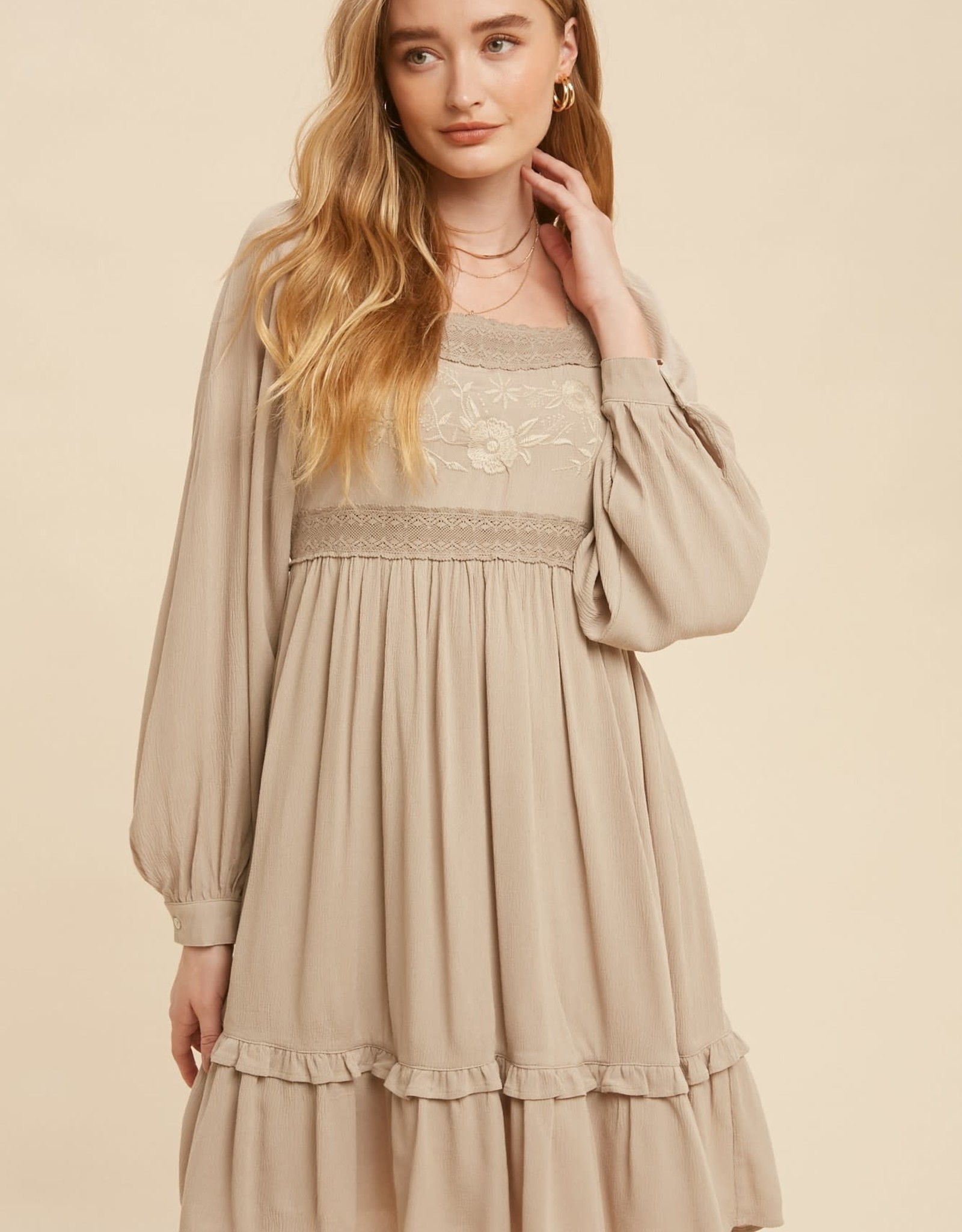 Miss Bliss LS Embroidered Square Neck Mini Dress- Light Taupe