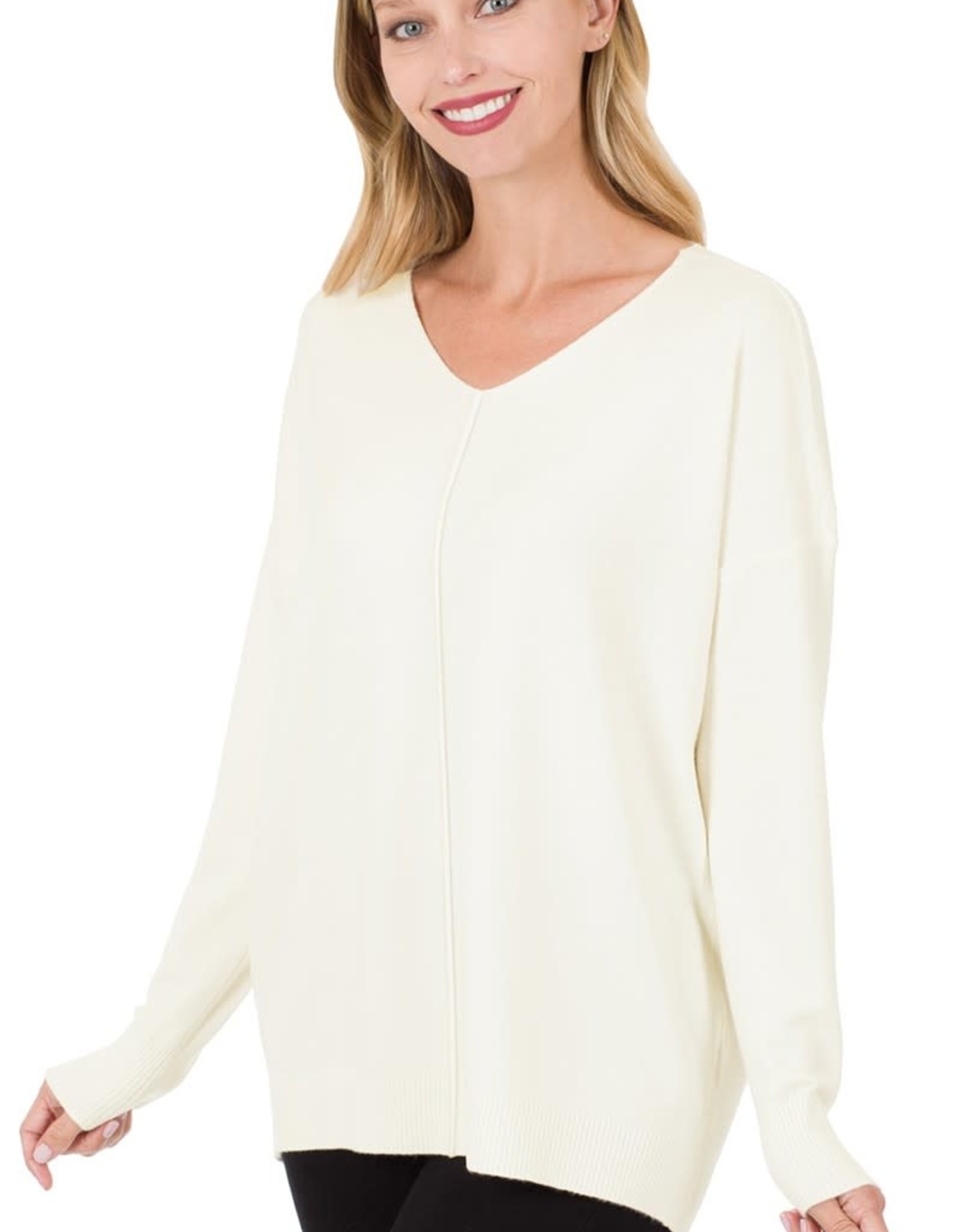 Miss Bliss Hi Low V Neck Front Seam Sweater- Cream