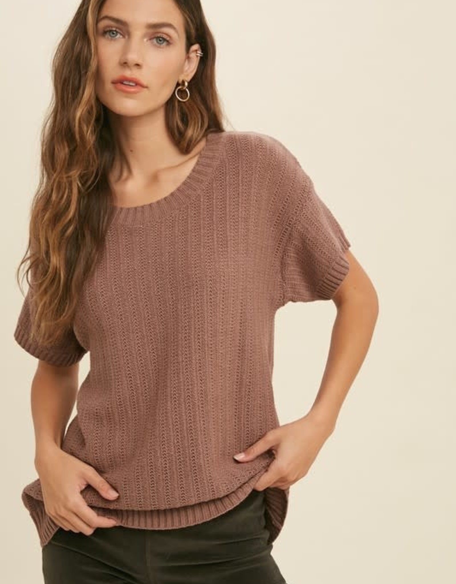 Miss Bliss SS Textured Knit Sweater- Red Bean
