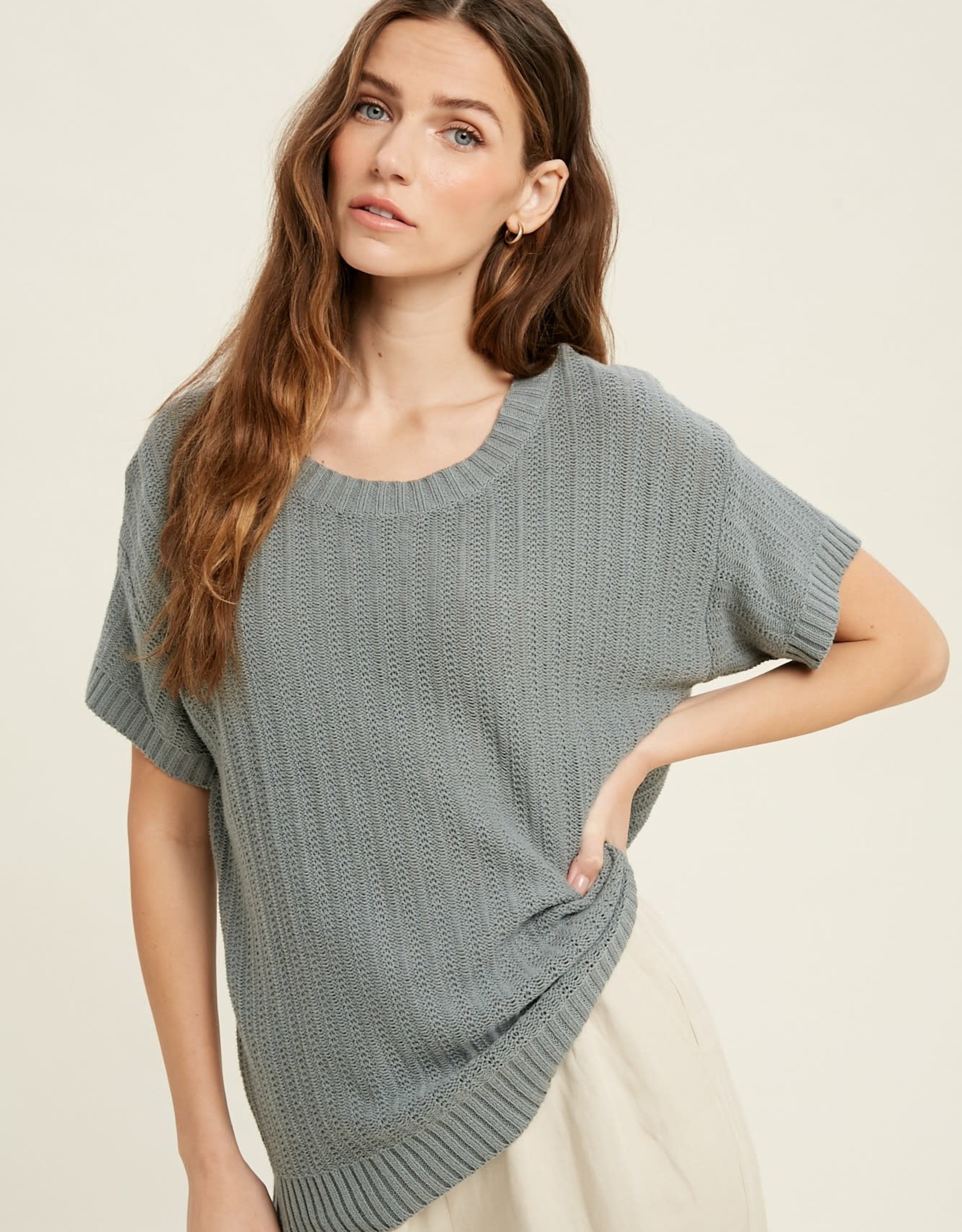 Miss Bliss SS Textured Knit Sweater- M.Blue