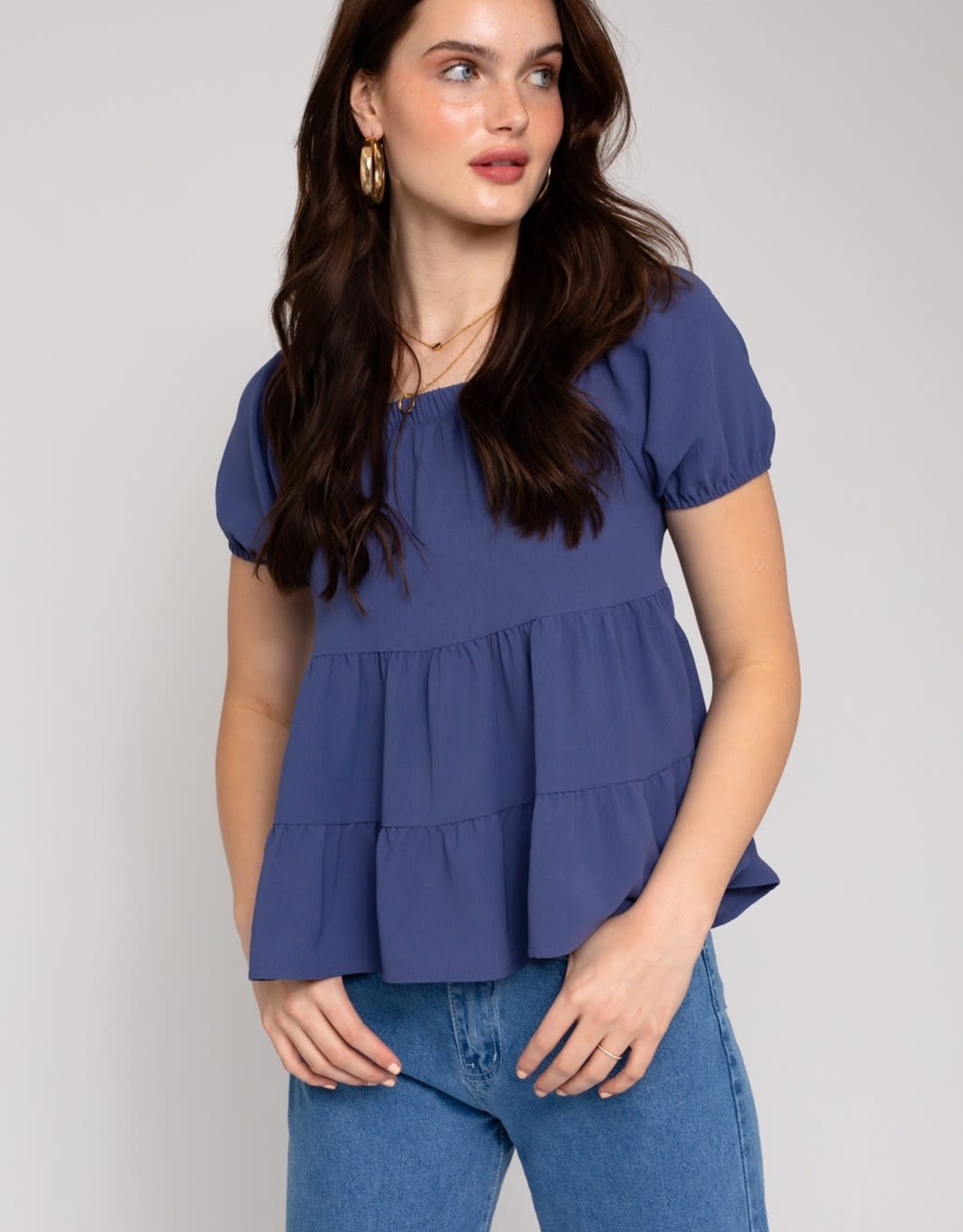 Miss Bliss SS Square Neck Tiered Top- Navy