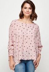 Miss Bliss Floral Print Smocking Cuff LS Top- Pink