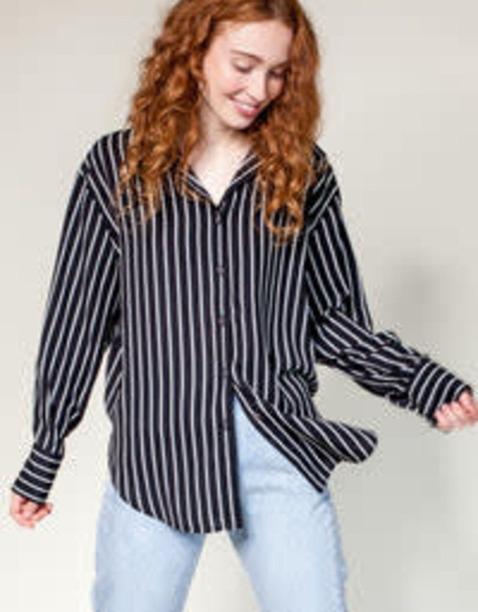 Miss Bliss Luxe LS Striped Button Up Top- Black