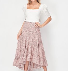 Miss Bliss Floral Tiered Midi Skirt W/ Side Zipper-Rose