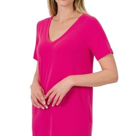 Miss Bliss SS V Neck Tee- Hot Pink