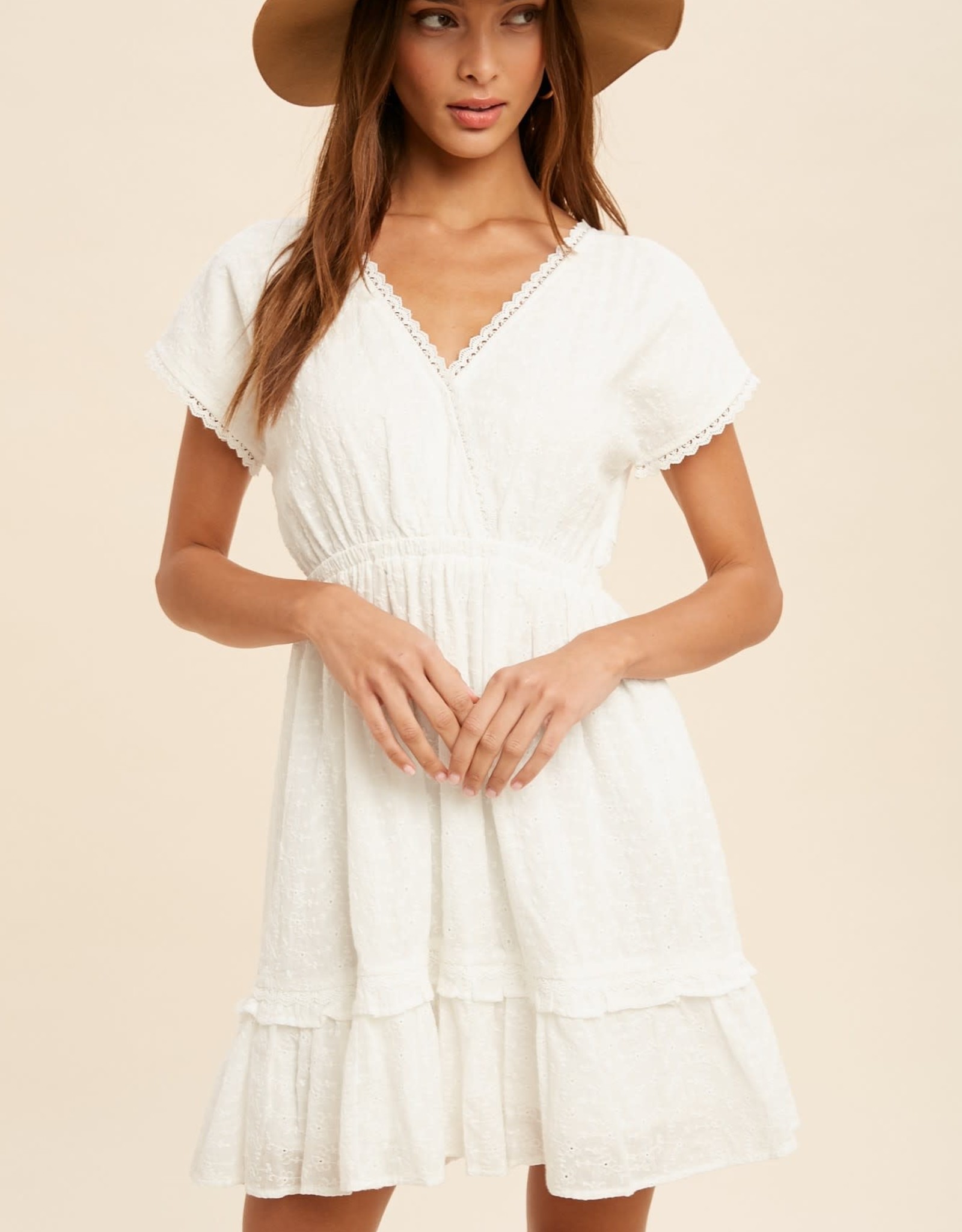 Miss Bliss Eyelet Lace Trim Mini Dress- Off White