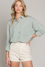 Miss Bliss LS Button Down Loose Fit Top- Sage