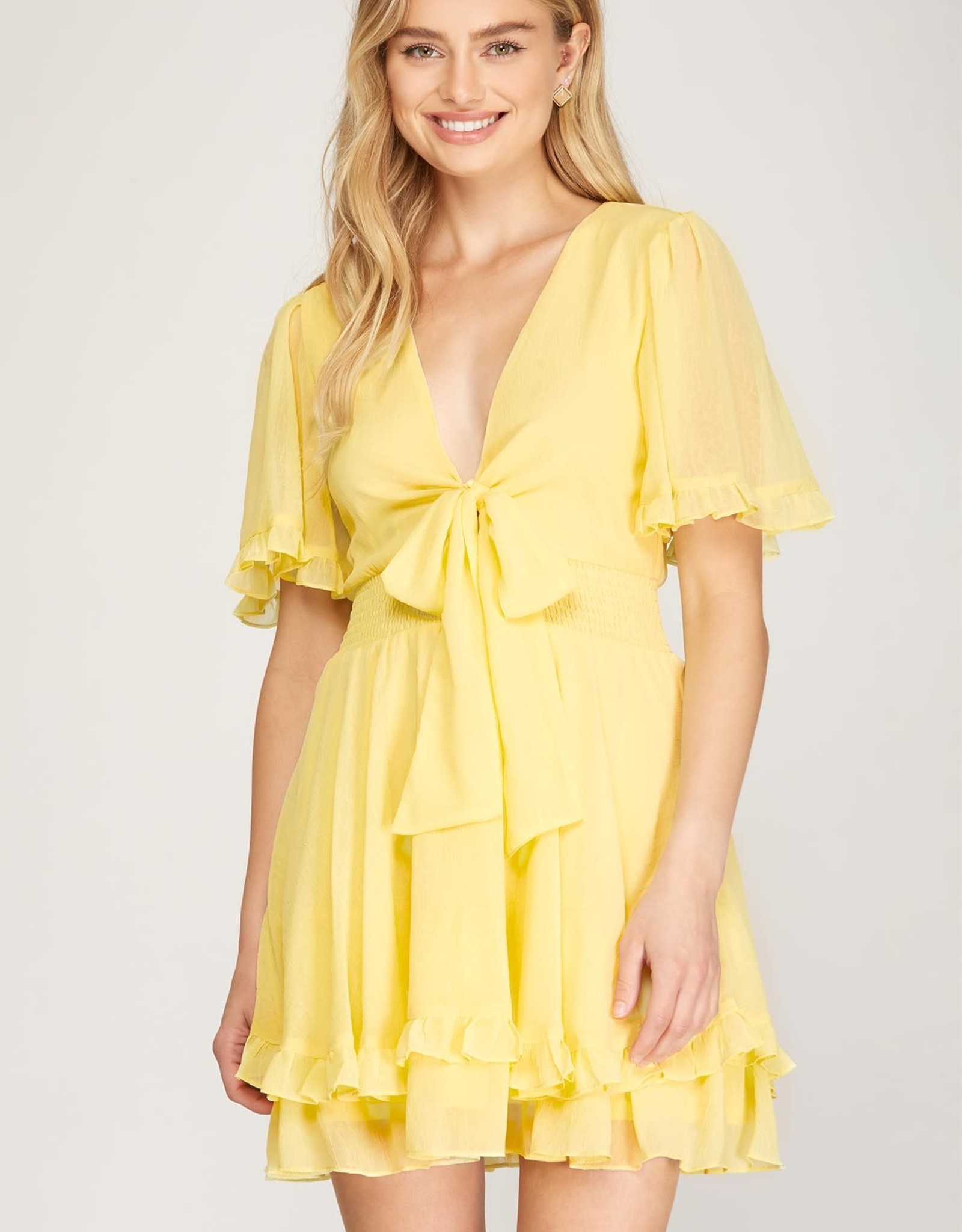Miss Bliss SS Tie Front Ruffle Mini Dress- Yellow