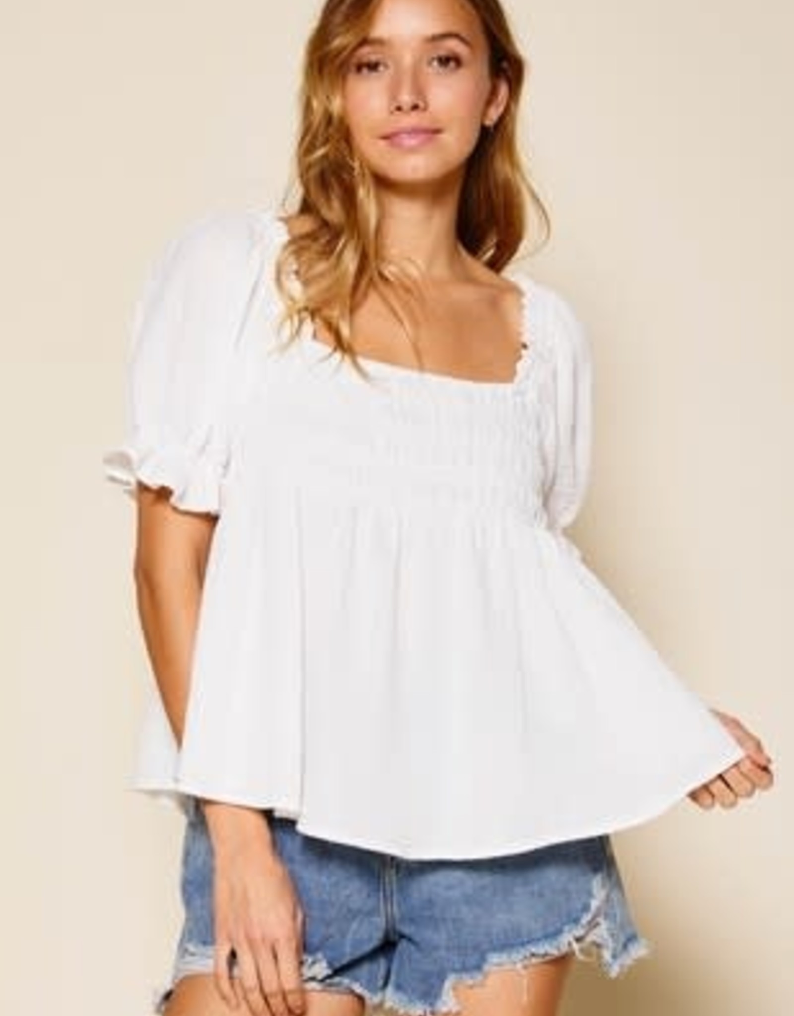 Miss Bliss Short Puff Sleeve Square Neck Top- White