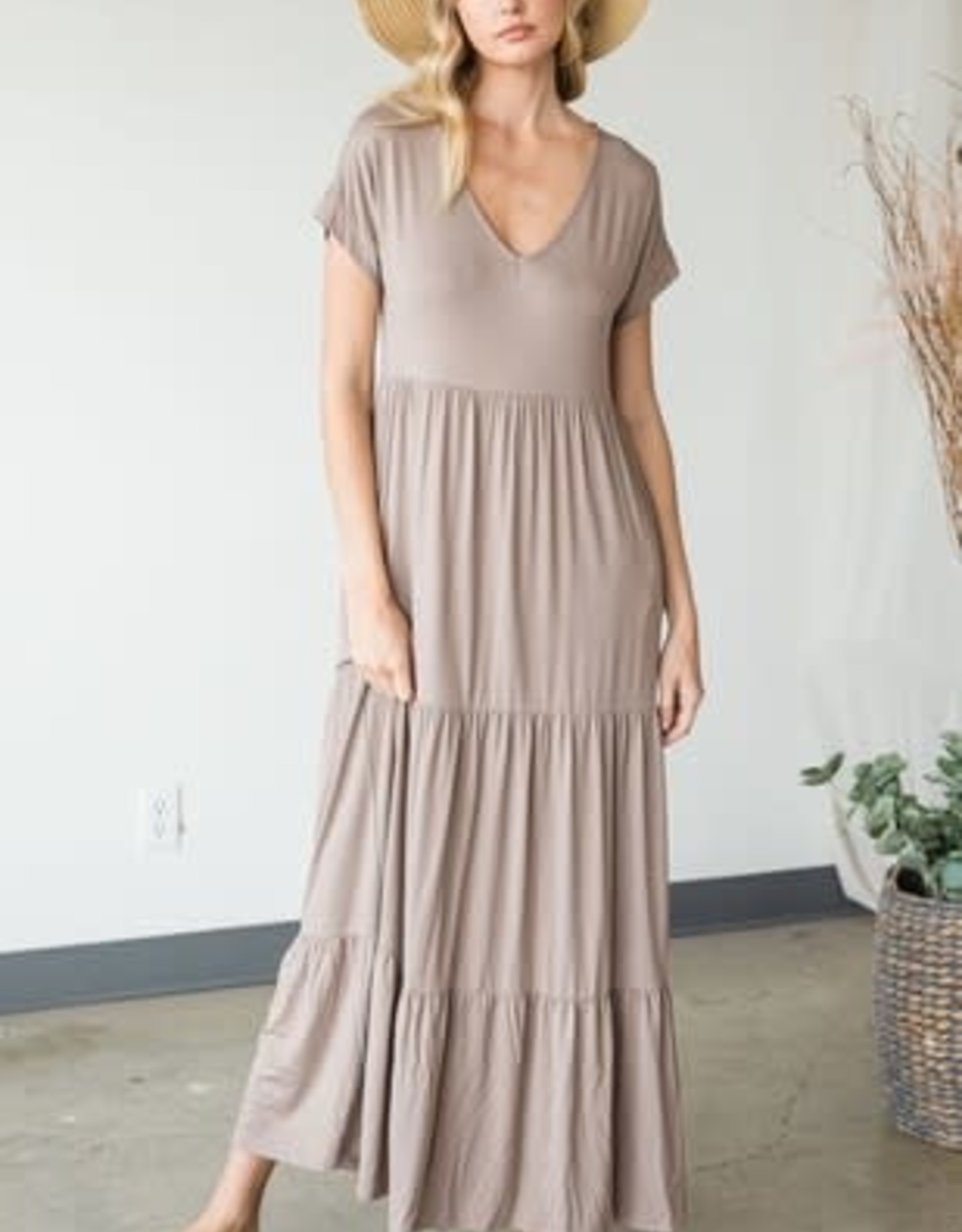 Miss Bliss SS Tiered V Neck Maxi Dress- Taupe