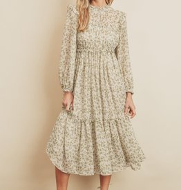 Miss Bliss Soft Floral Print Ruffled High Neck Dress- Ivory