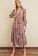 Miss Bliss Long Bishop Sleeve Paisley Print Tiered Dress- Mauve