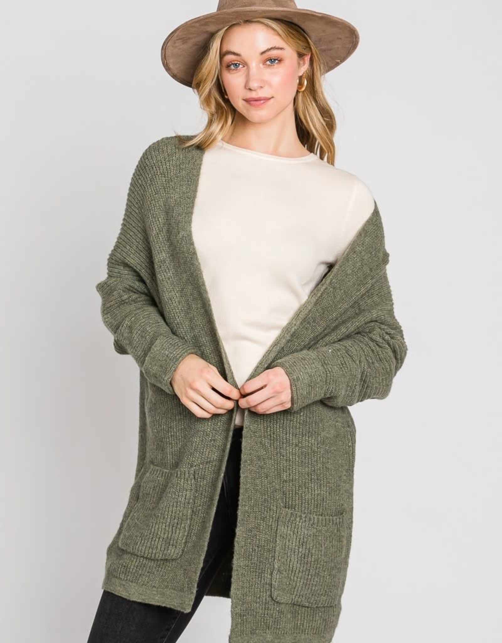 Miss Bliss Chunky Ribbed Cardigan With Pockets- Olive