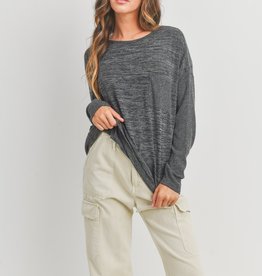 Miss Bliss LS Two Tone Knit Top- Charcoal