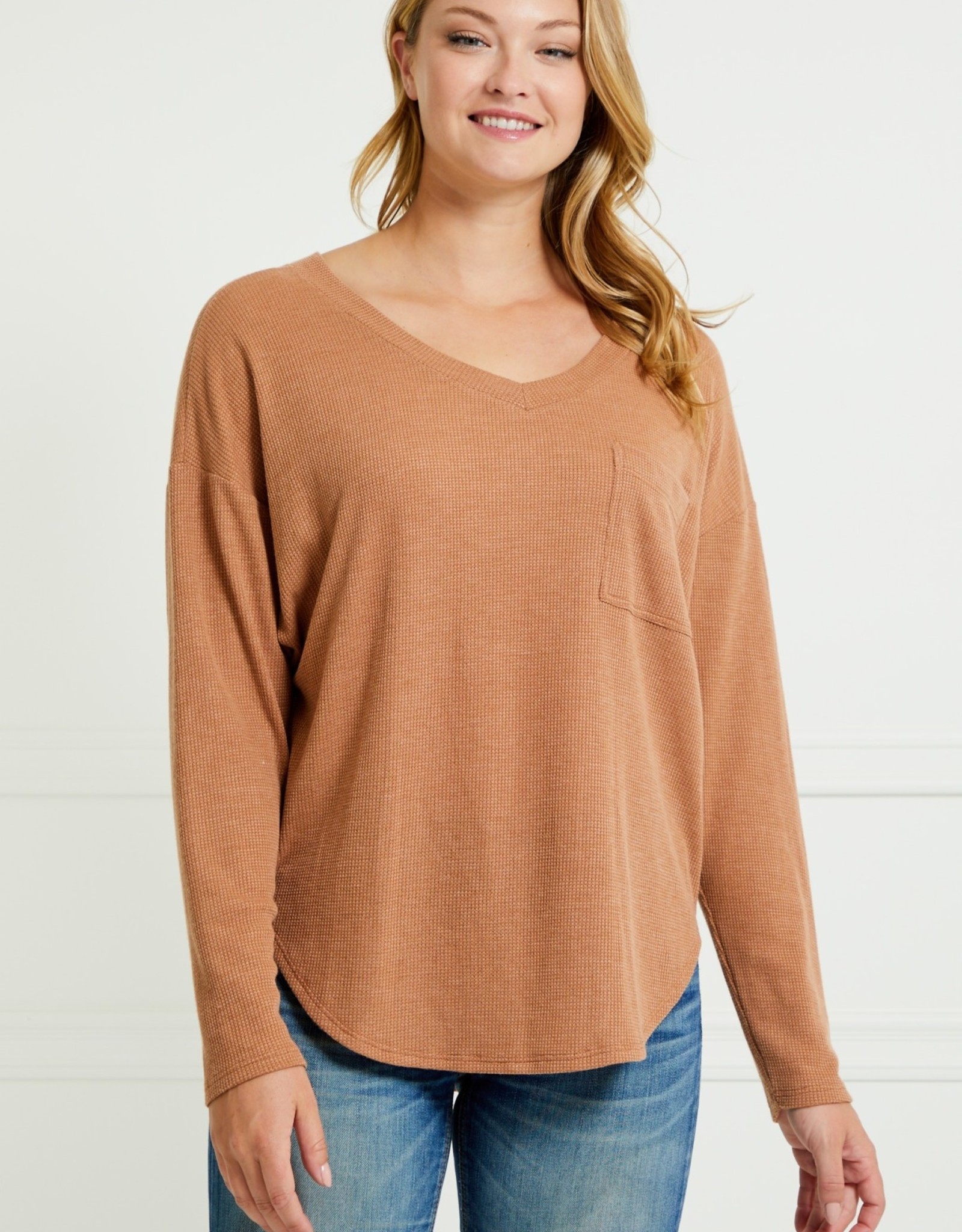 Miss Bliss LS V Neck Sweater Top- Camel