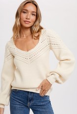 Miss Bliss Square Neckline Open Stitched Sweater- Ecru