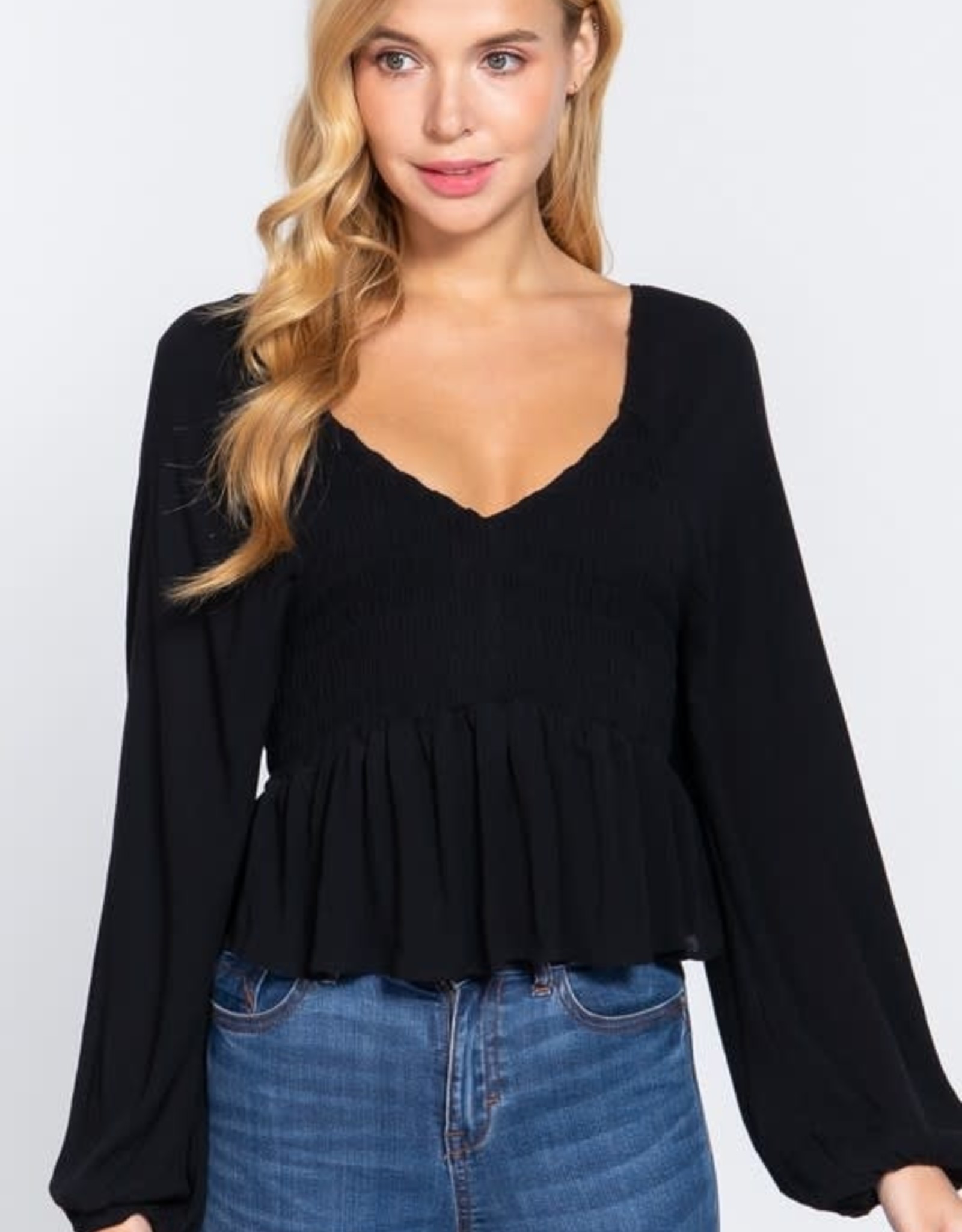 Miss Bliss LS Sweetheart Neck Smocked Woven Top- Black