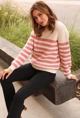 Miss Bliss Round Neck Striped Knit Sweater- French Rose