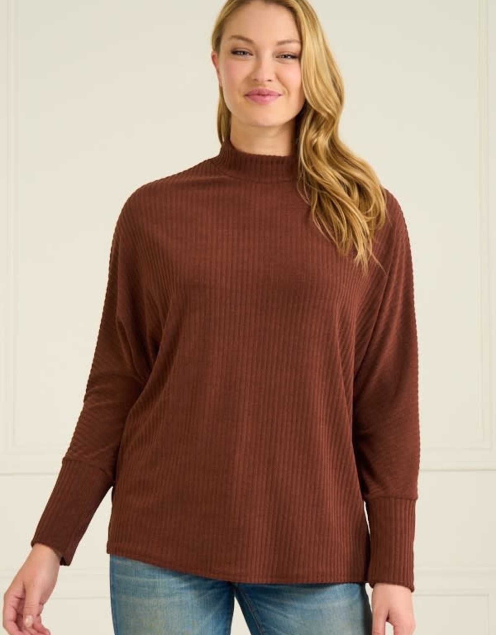 Miss Bliss LS Ribbed Mock Neck Top- Brown