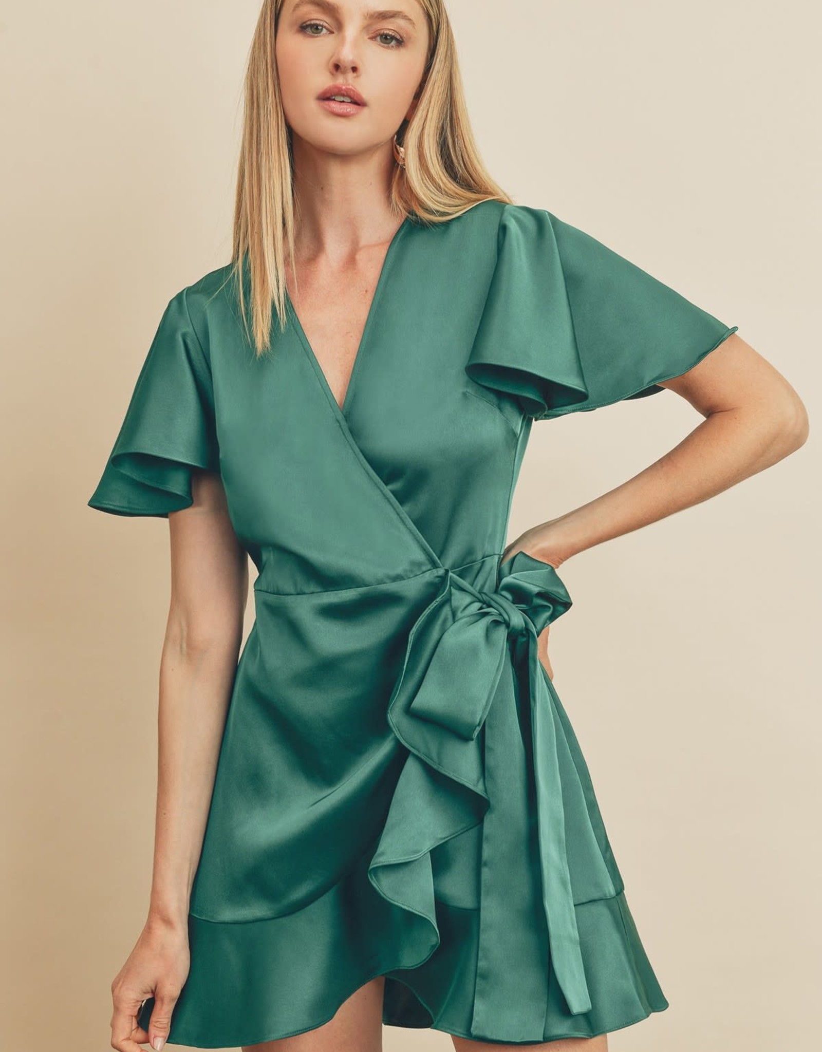Miss Bliss Flutter Sleeve Mini Wrap Dress- Emerald
