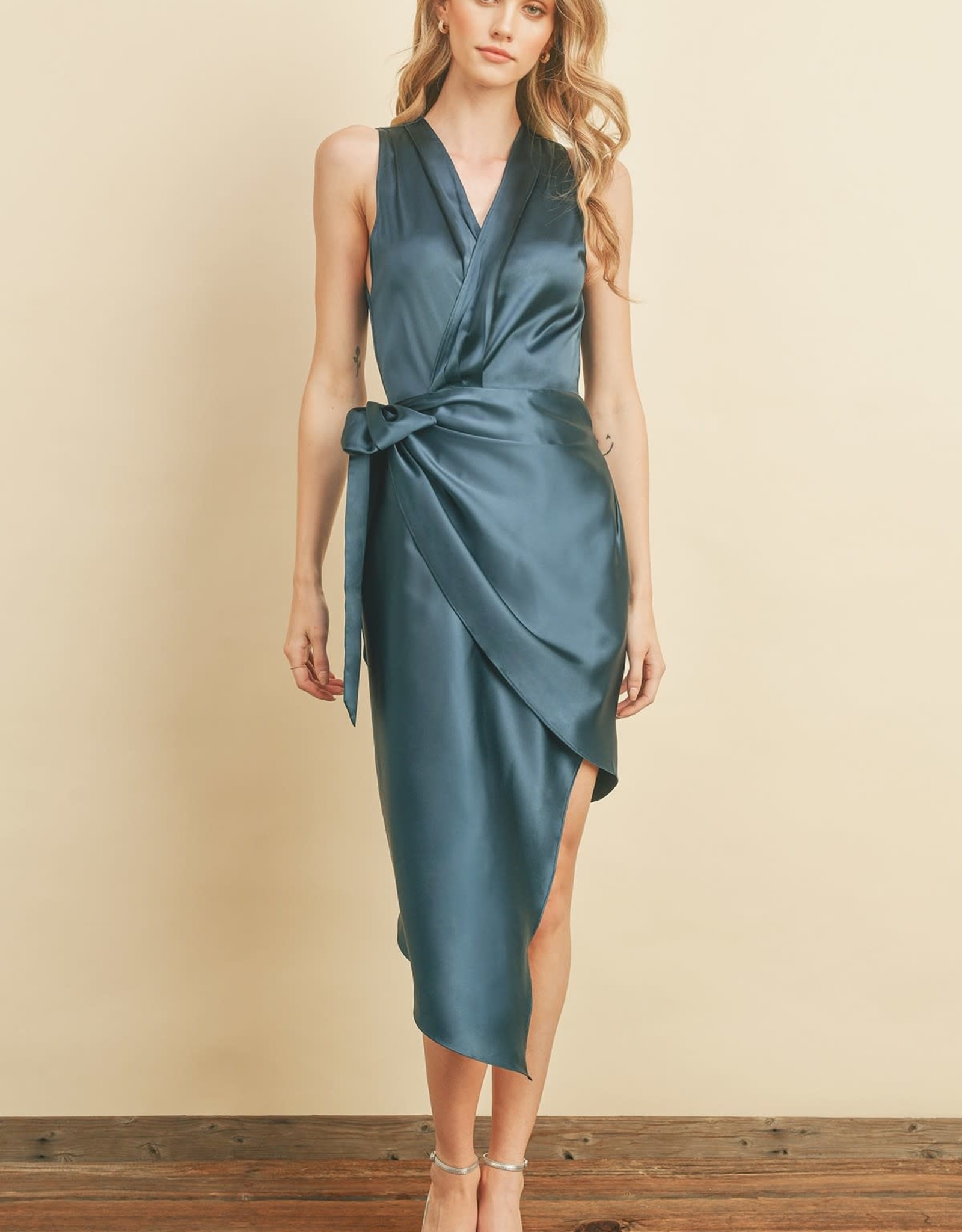 Miss Bliss Satin Asymmetrical Hem Midi Wrap Dress- Teal