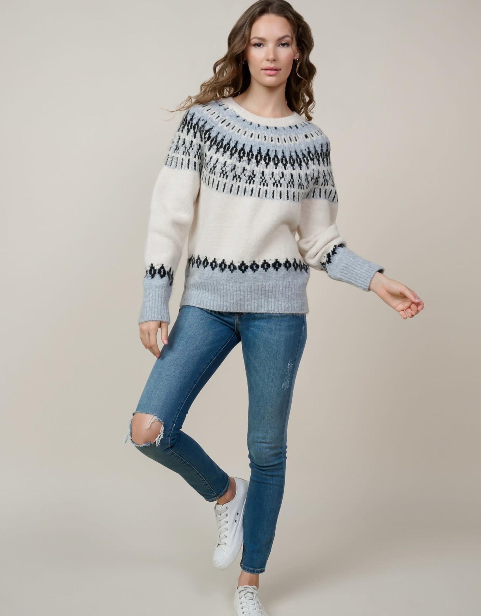 Miss Bliss Fairisle Printed Knit Sweater- Cream and Grey