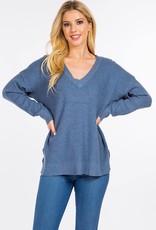 Miss Bliss Waffle Knit Pullover- Heather Bluejay
