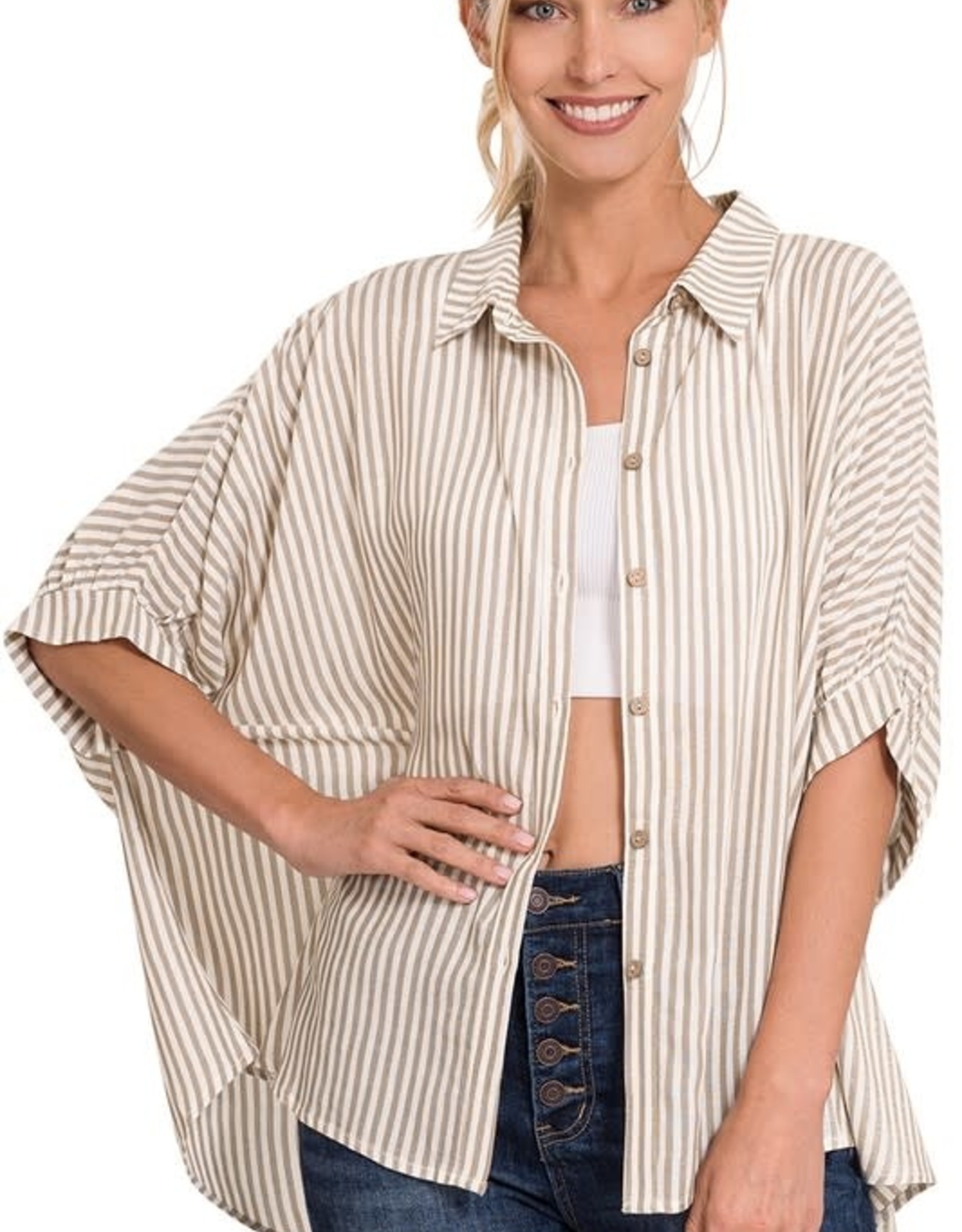 Miss Bliss Oversized Stripe Button Up Shirt- Taupe