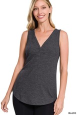 Miss Bliss Melange Ribbed Slvls Button Front Tank- Charcoal