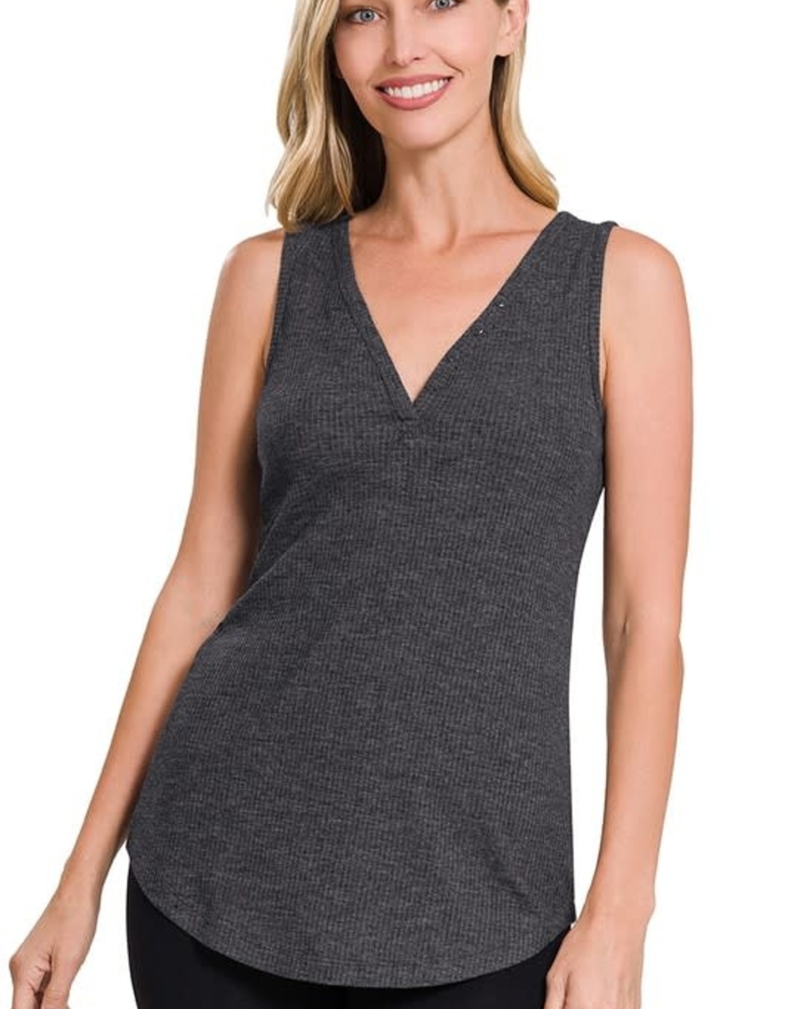 Miss Bliss Melange Ribbed Slvls Button Front Tank- Charcoal