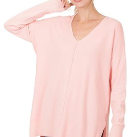 Miss Bliss Hi-Low Hem V Neck Center Seam Sweater- Dusty Pink