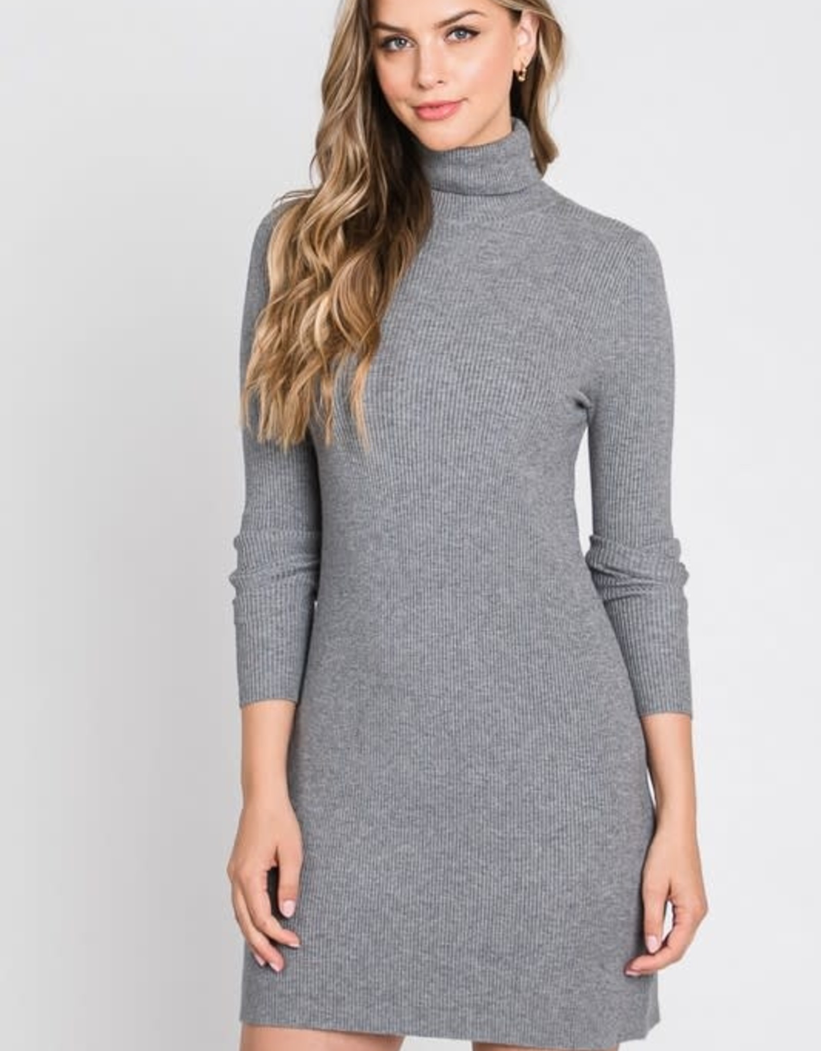 Miss Bliss Turtleneck Ribbed Fitted Mini Dress- Heather Grey