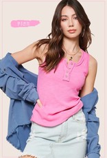 Miss Bliss Ribbed Henley Svls Button Front Tank- Pink