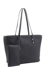 Texture Design Tote Bag With Clutch Set-Black