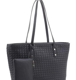 Texture Design Tote Bag With Clutch Set-Black