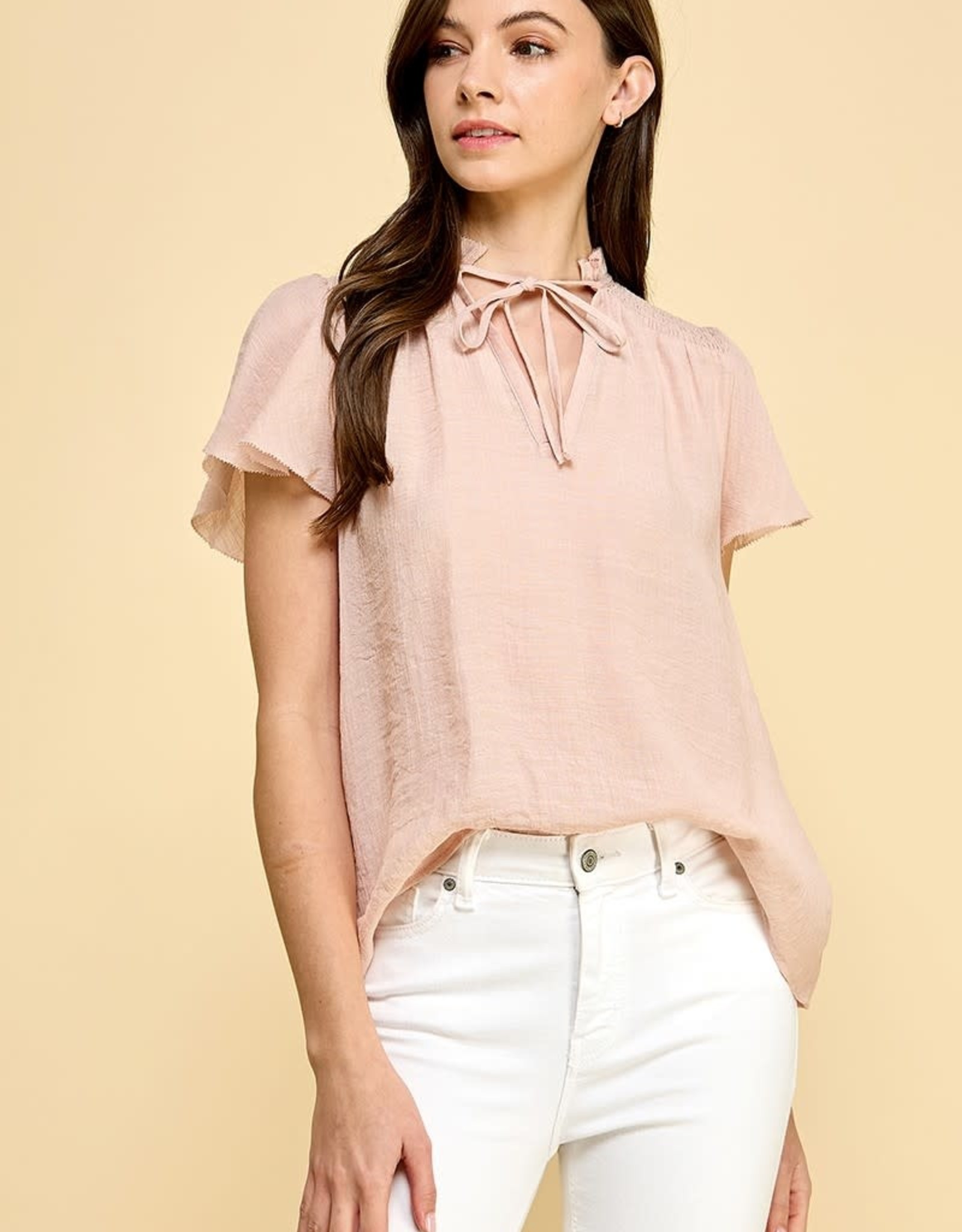 Miss Bliss Ruffle Neck SS Flare Top With Tie- Rose