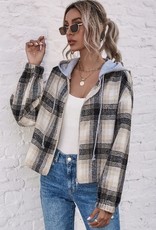 Miss Bliss Cropped Plaid Zip Up Drawstring Hooded Jacket-Cream