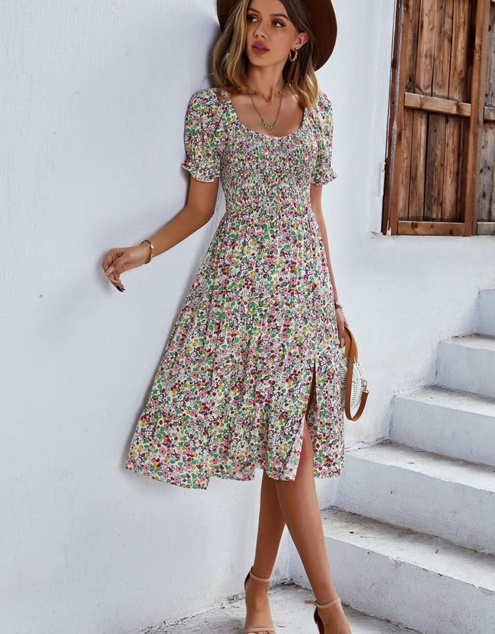 Miss Bliss Floral SS Dress with Slit-Multi