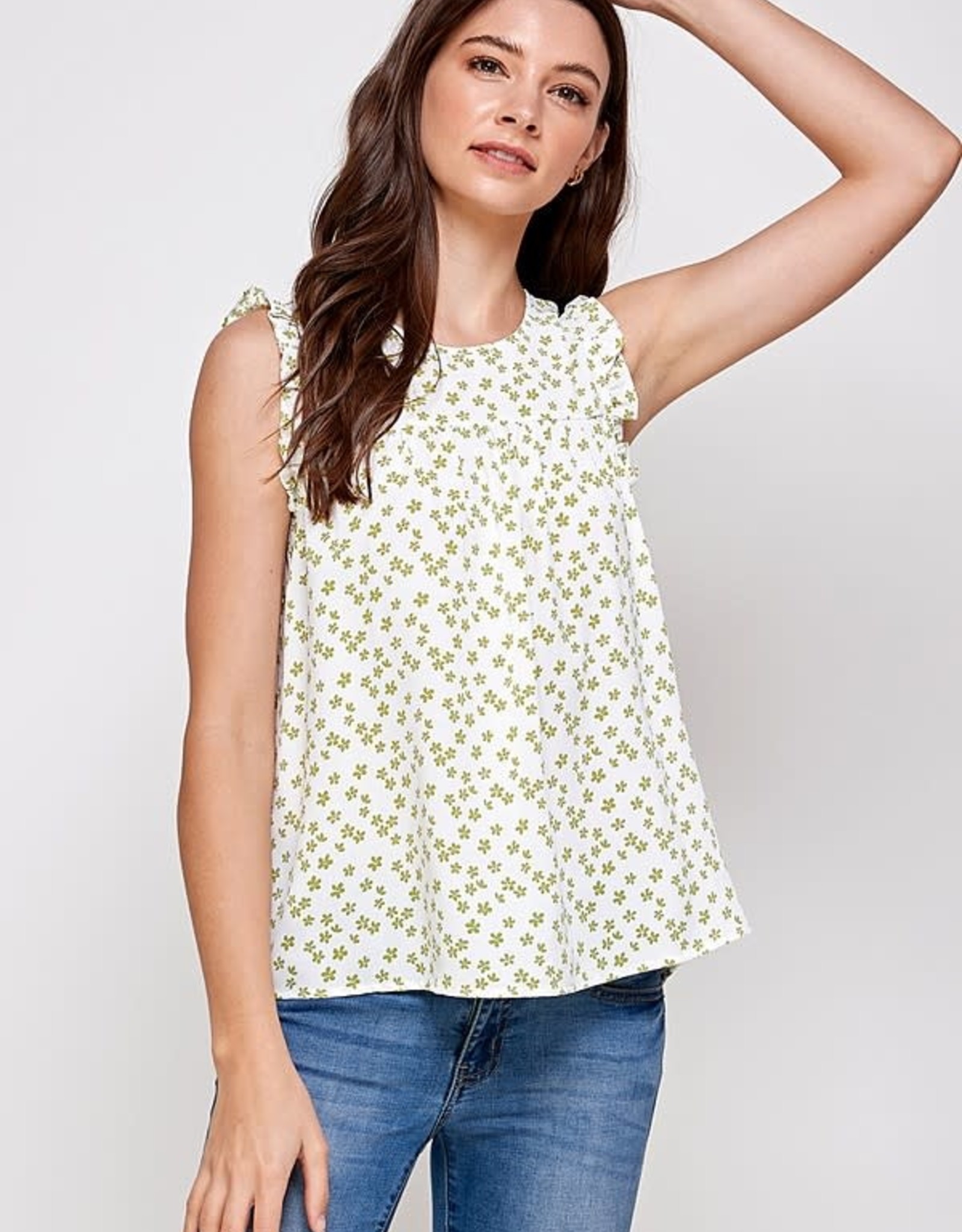 Miss Bliss Daisy Floral Shirring Slvls Top- Green