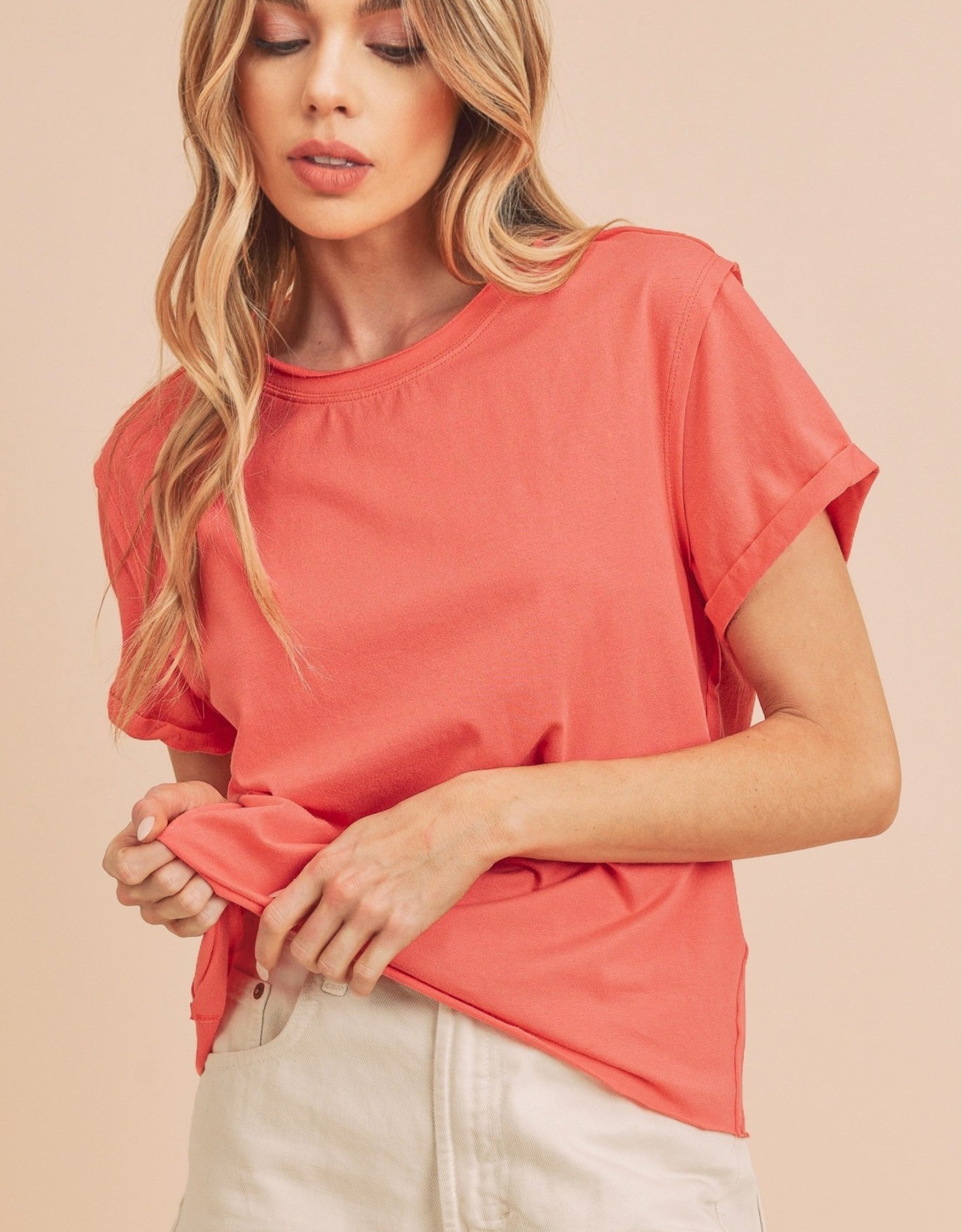 Miss Bliss Crew Neck Cuffed Sleeve Isla Top- Coral