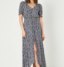 Miss Bliss Floral Ruched Smock Waist SS Maxi Dress- Navy